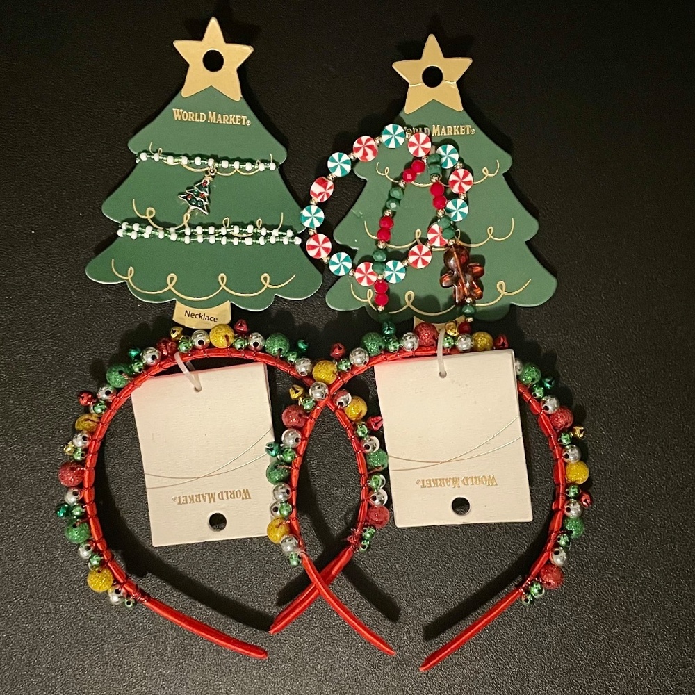 NWT WORLD MARKET CHRISTMAS NECKLACE BRACELETS HAIR HEADBAND LOT